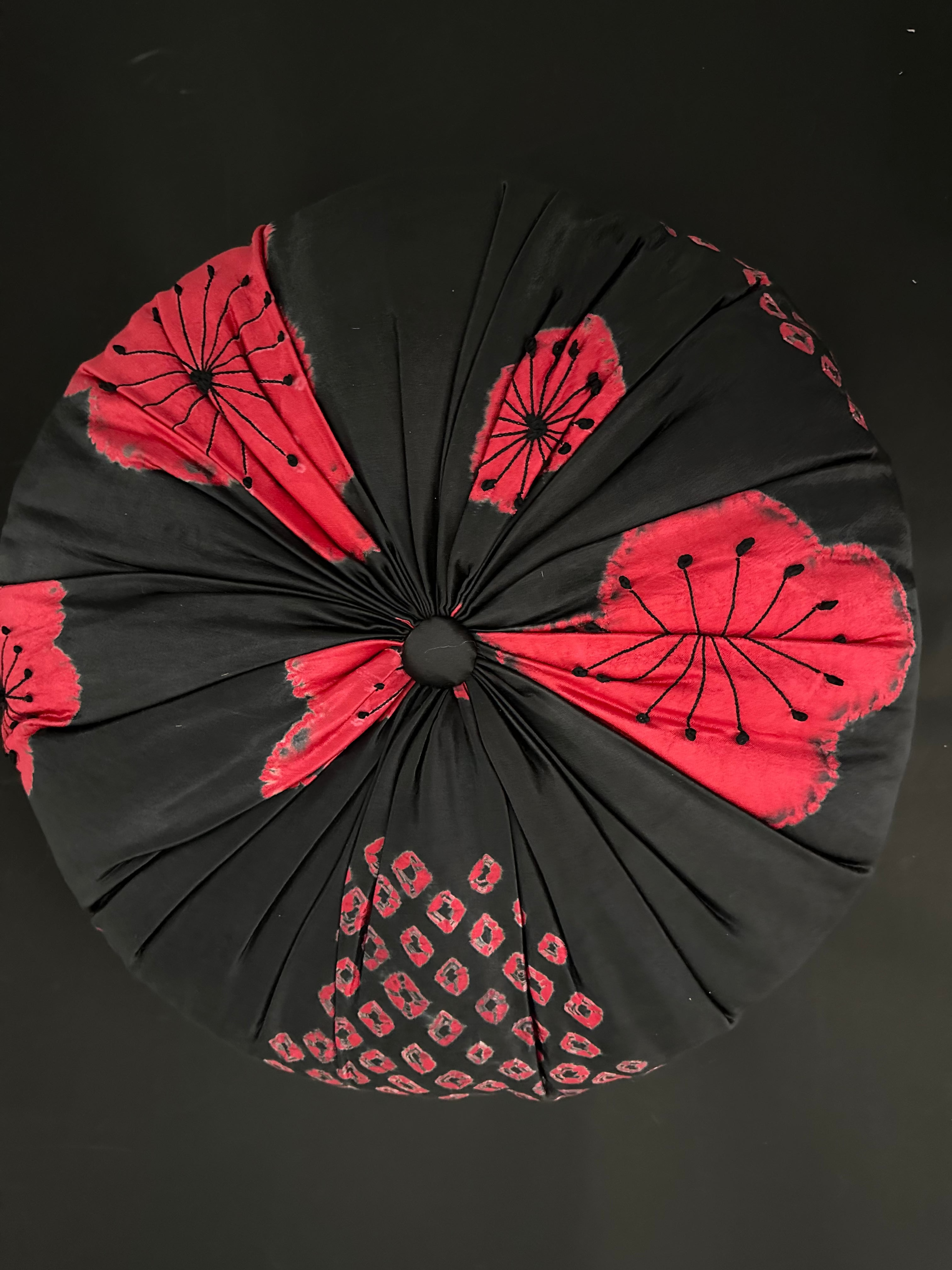 SHIBORI FLOWER ROUND PILLOW CUSHION, RED with BLACK