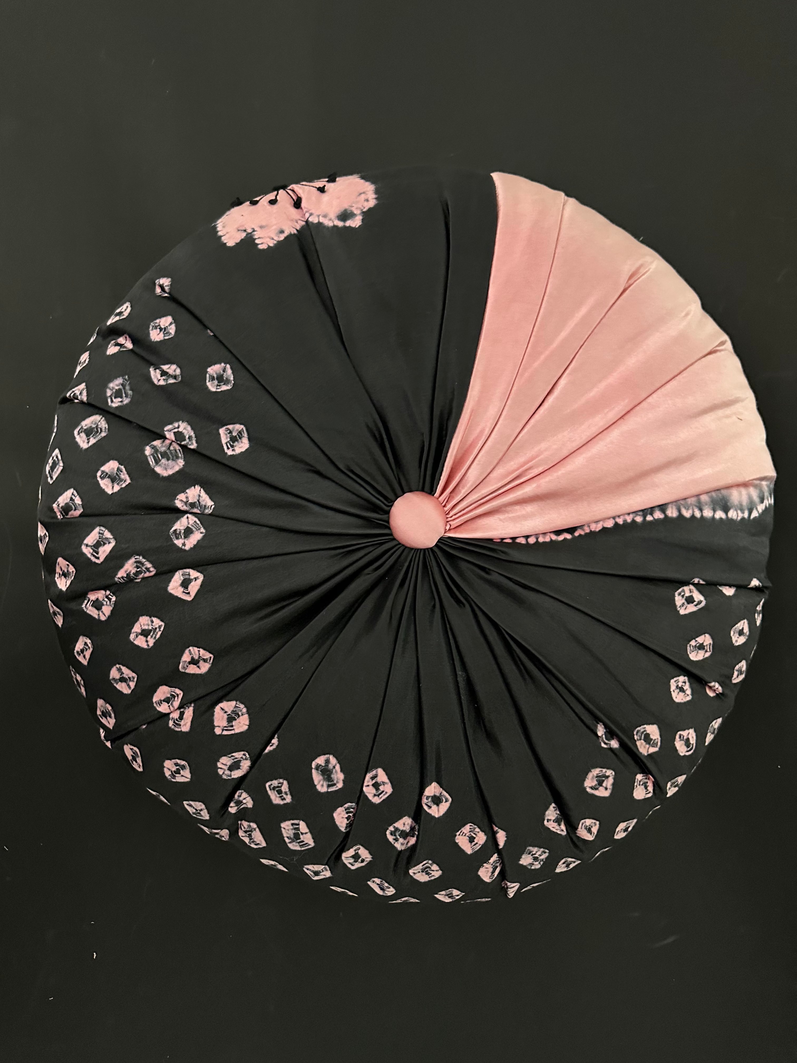 SHIBORI FLOWER ROUND PILLOW CUSHION, PALE PINK with BLACK