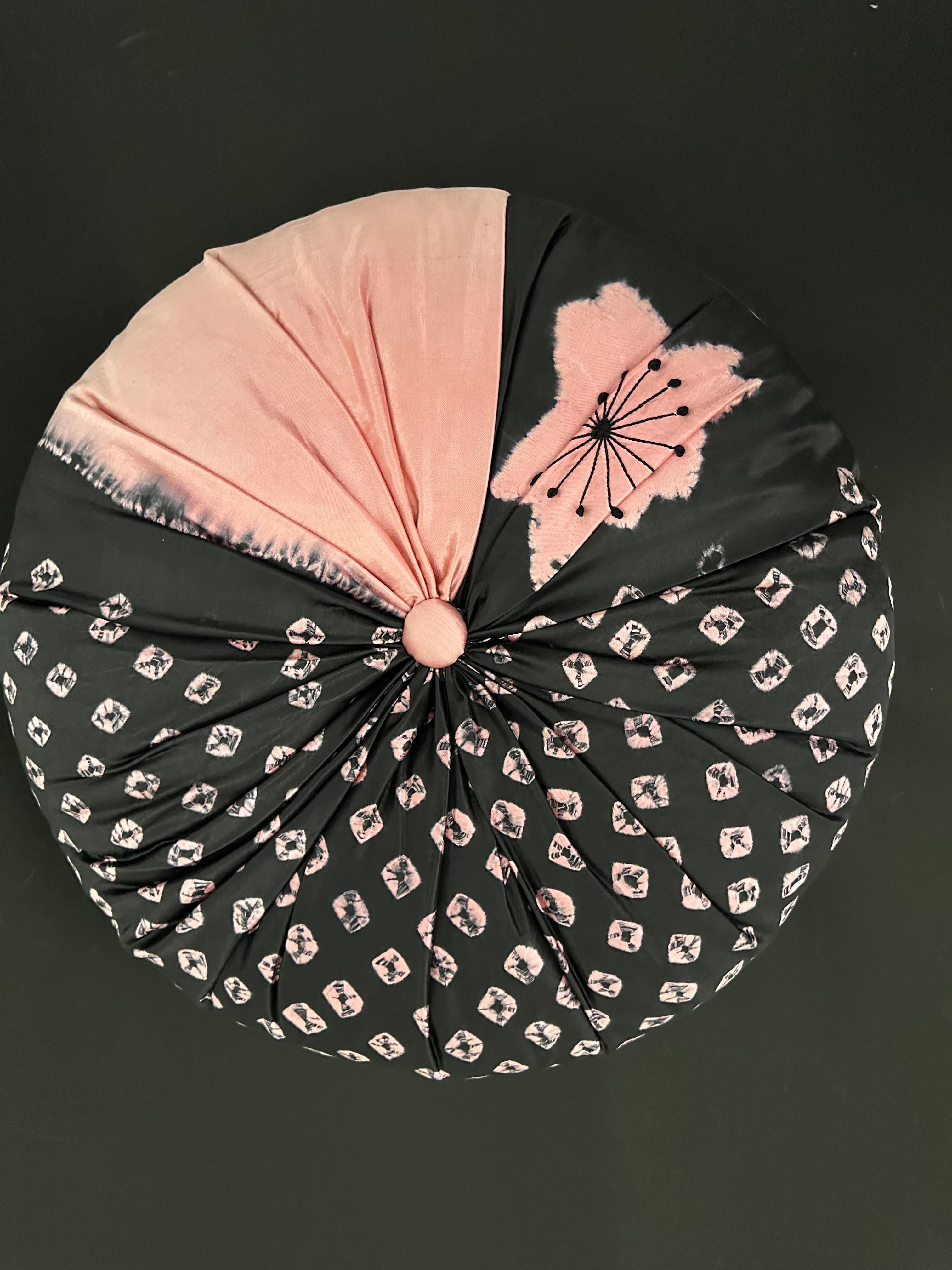 SHIBORI FLOWER ROUND PILLOW CUSHION, PALE PINK with BLACK