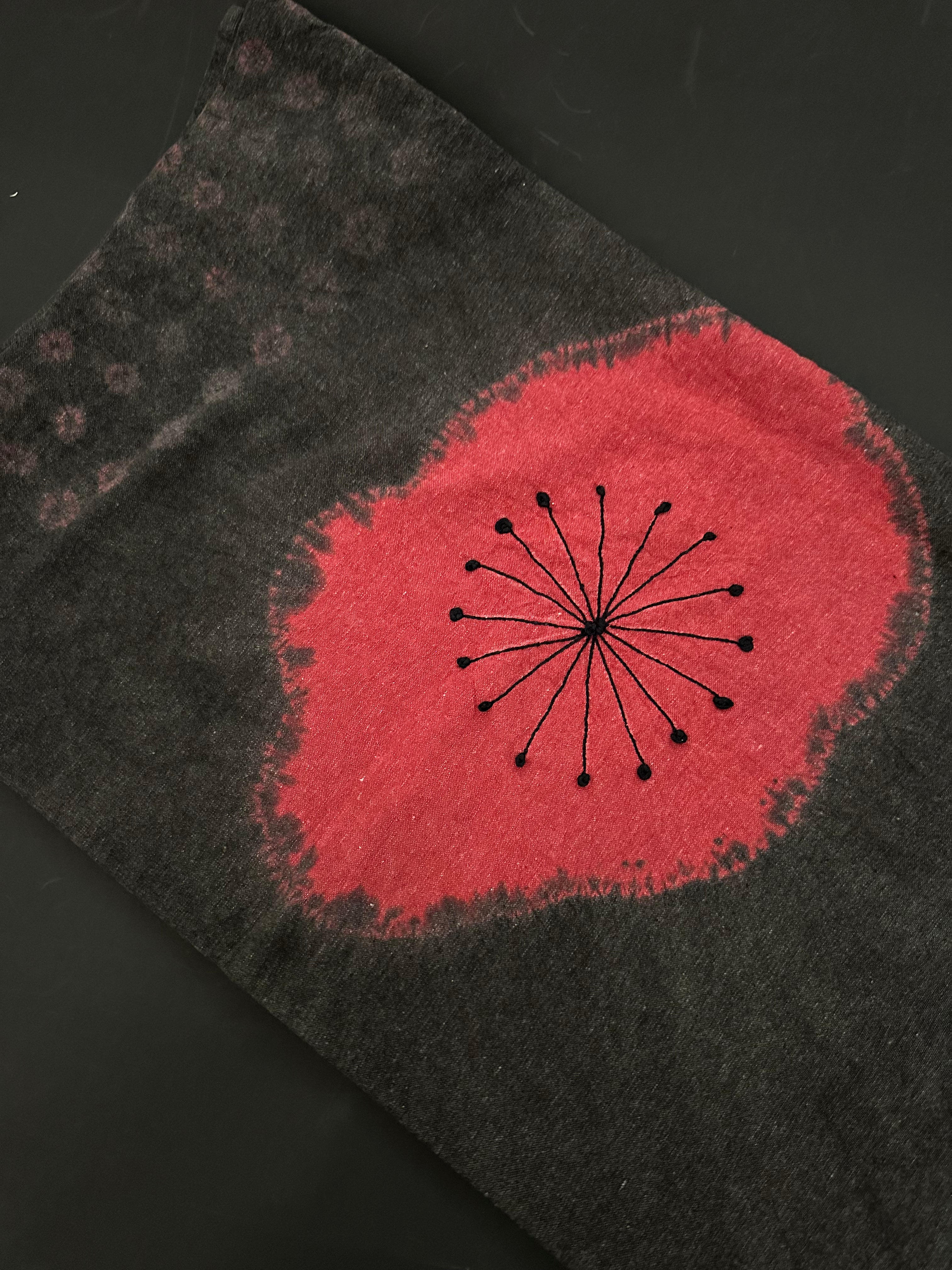SHIBORI FLOWER TABLE CLOTH, FADED BLACK with RED