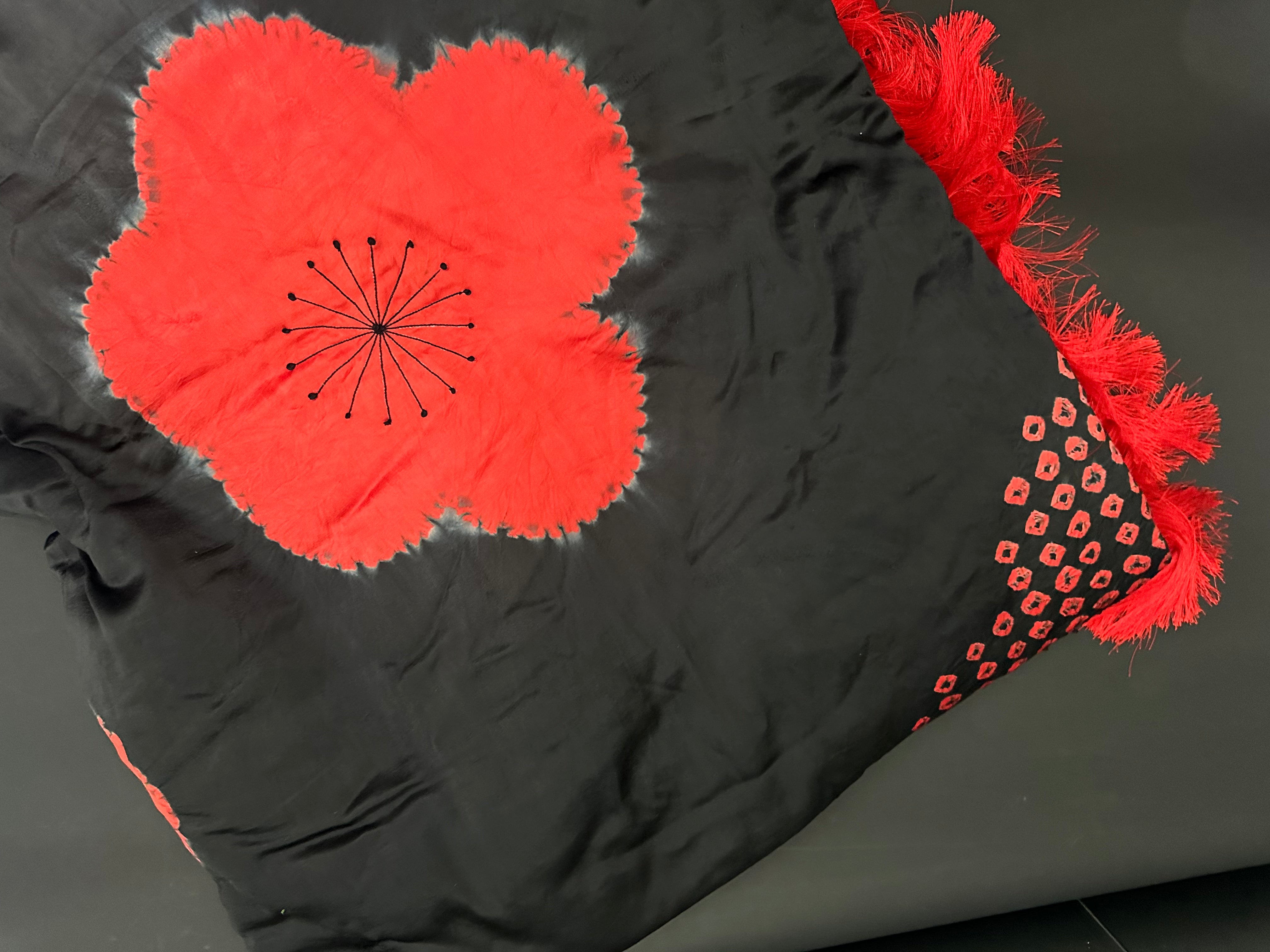 PUFFY SHIBORI FLOWER QUILT WITH SILK FRINGE, BLACK with RED