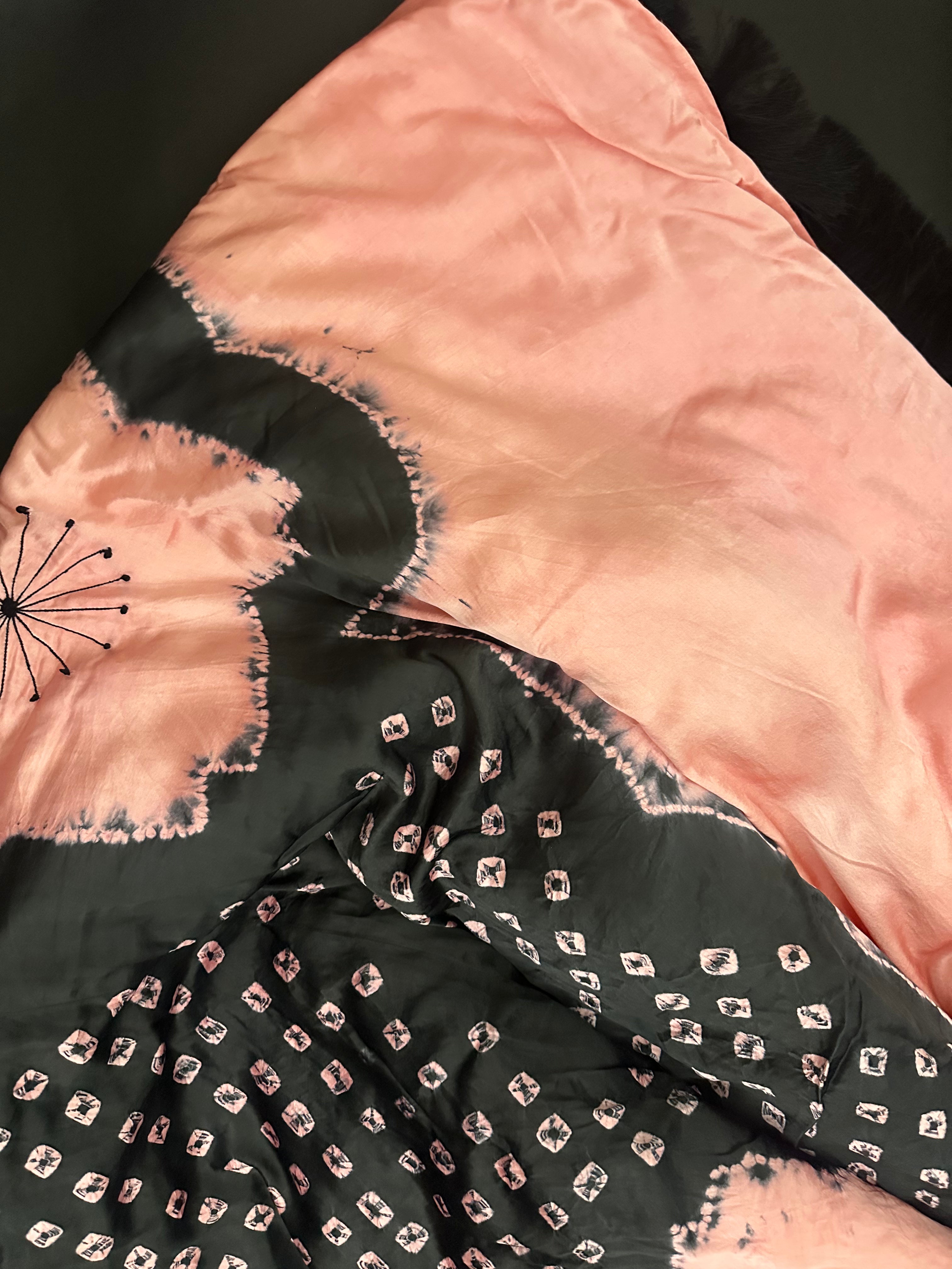 PUFFY SHIBORI FLOWER QUILT with SILK FRINGE, BLACK with PALE PINK