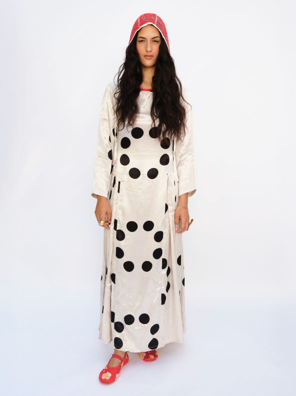 MOON DYE ROYAL DRESS, CREAM with BLACK MOONS