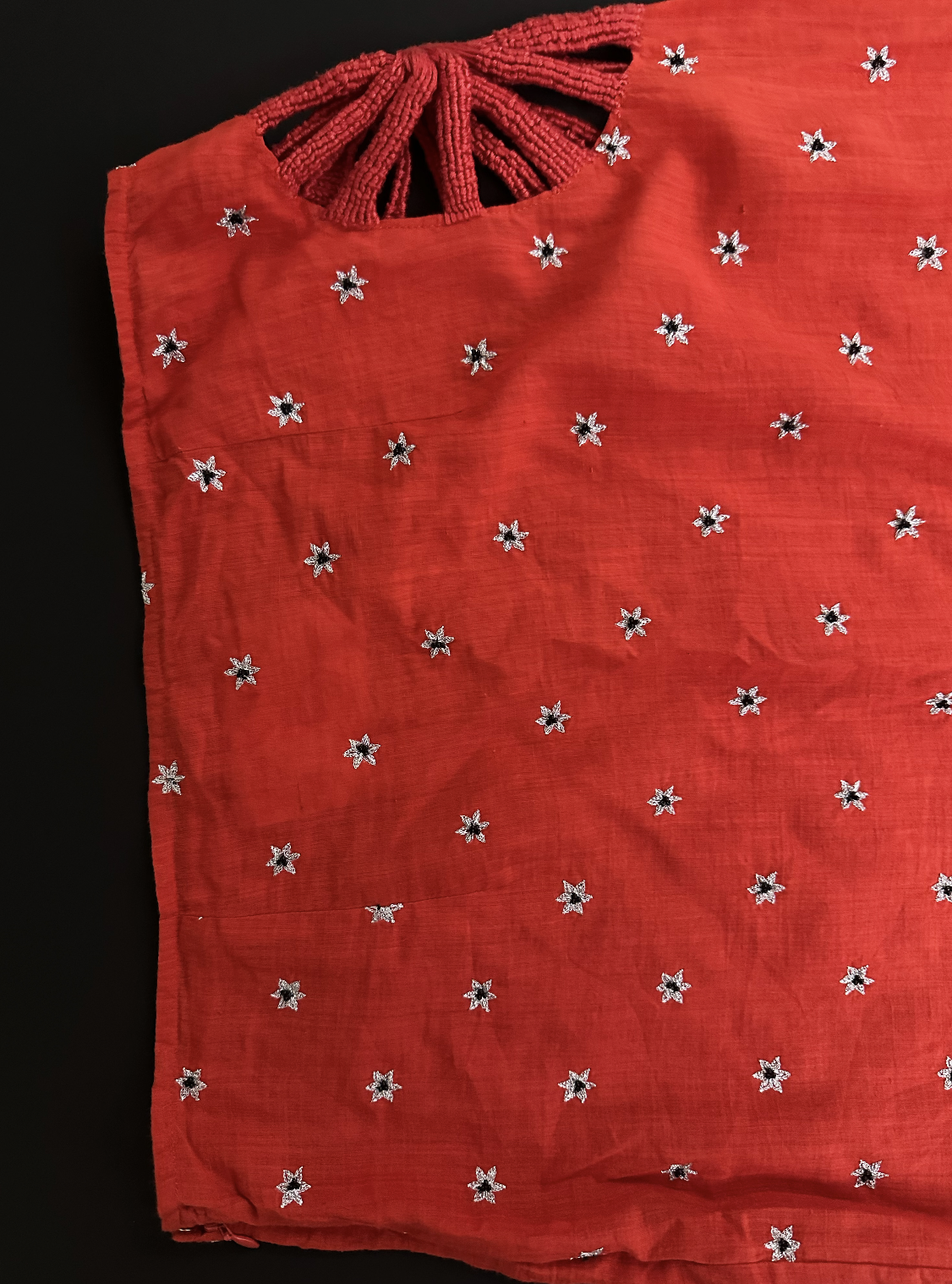 KASAB FLOWER SLIP SKIRT with HAND-EMBROIDERED CUT-OUT, APPLE RED with SILVER