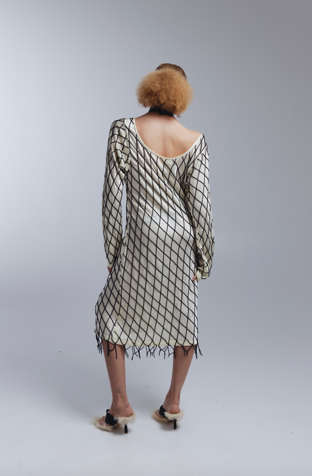 OFF-THE-SHOULDER BEADED NET DRESS, PALE YELLOW with BLACK