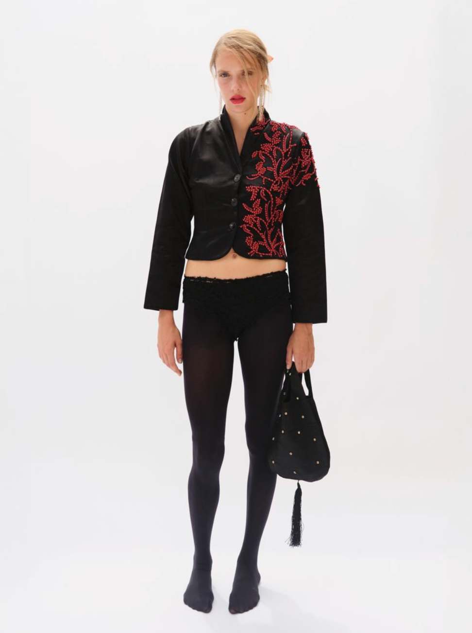 GLASS BEADED GETA JACKET, BLACK with RED