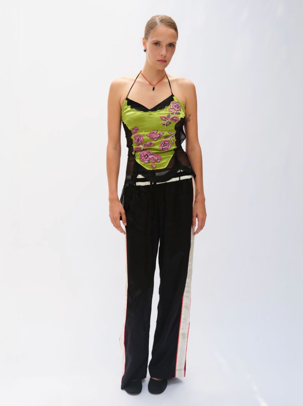 HAND-EMBROIDERED HALTER CAMISOLE, ACID GREEN/BLACK