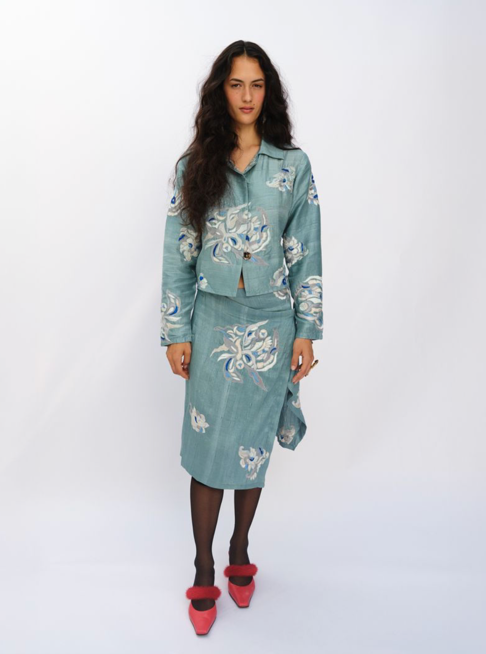 RAW SILK CROPPED SNAP SHIRT, ICE BLUE