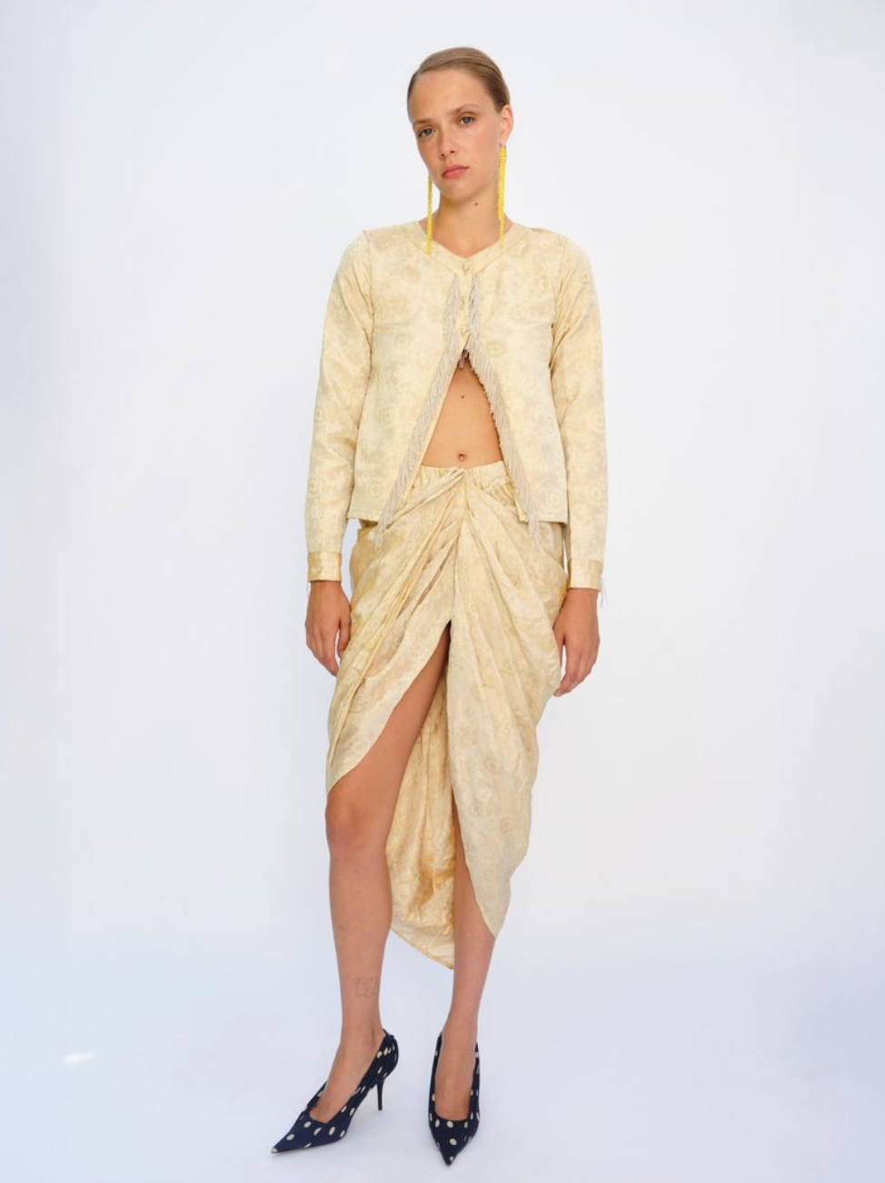 HAND-WOVEN SILK BROCADE BEADED CARDIGAN, CHAMPAGNE