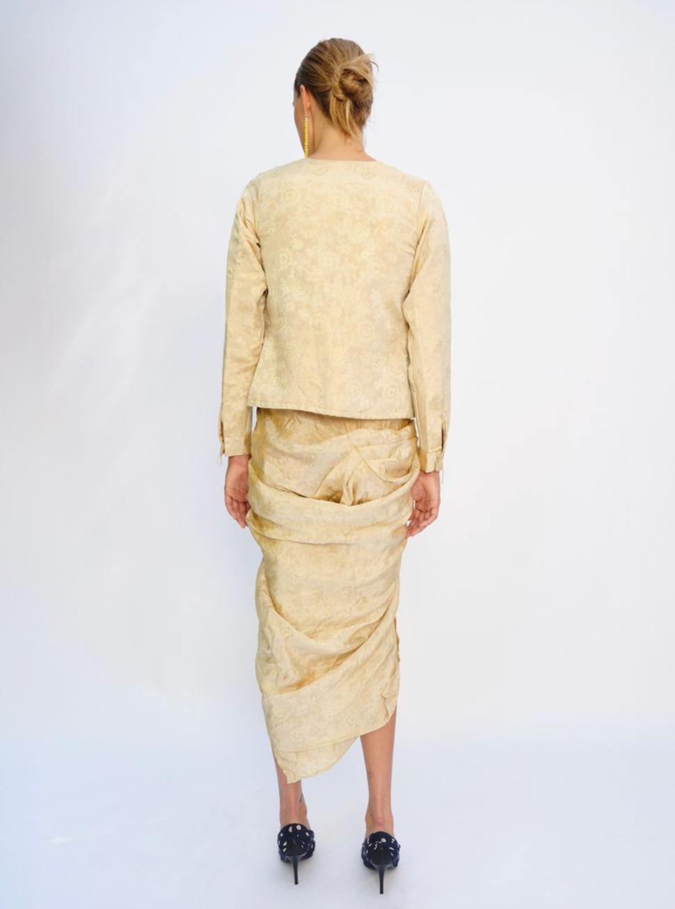 HAND-WOVEN SILK BROCADE DRAPE SKIRT, CHAMPAGNE