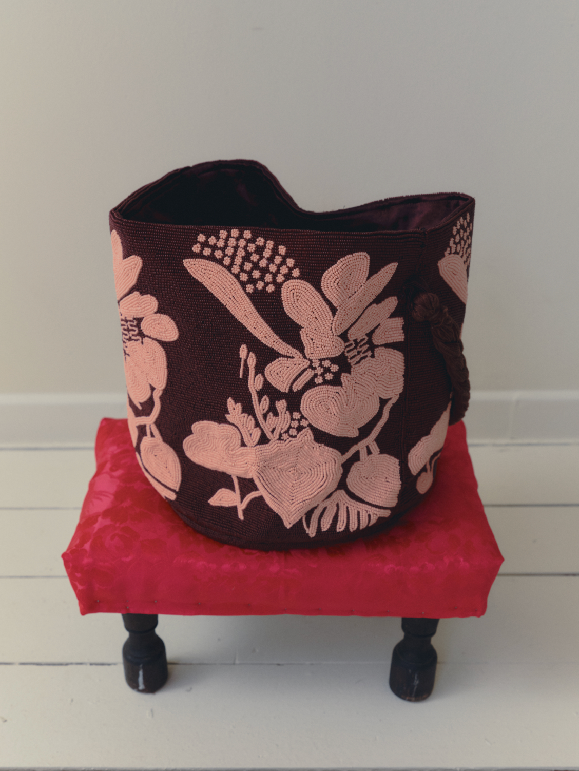 HAND-BEADED TROPICANA BUCKET BAG, DARK CHOCOLATE with PINK