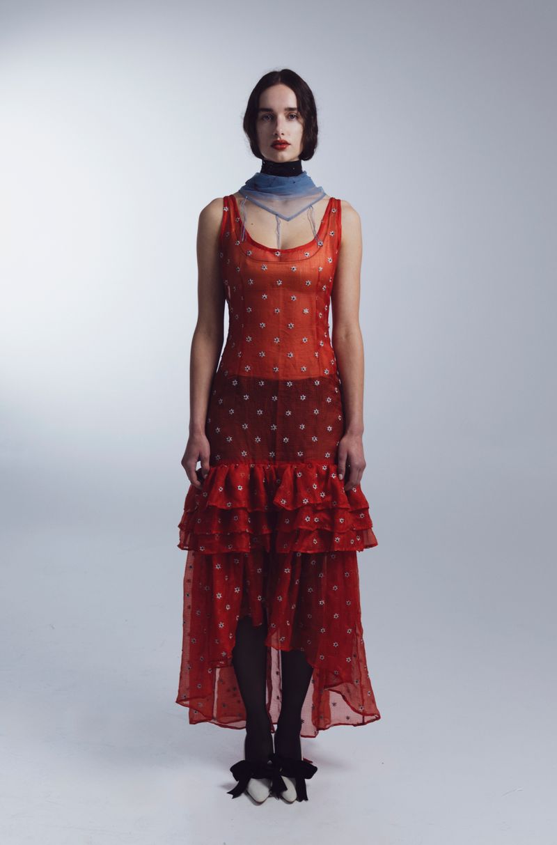SILK KOTA BUSTLE DRESS, APPLE RED