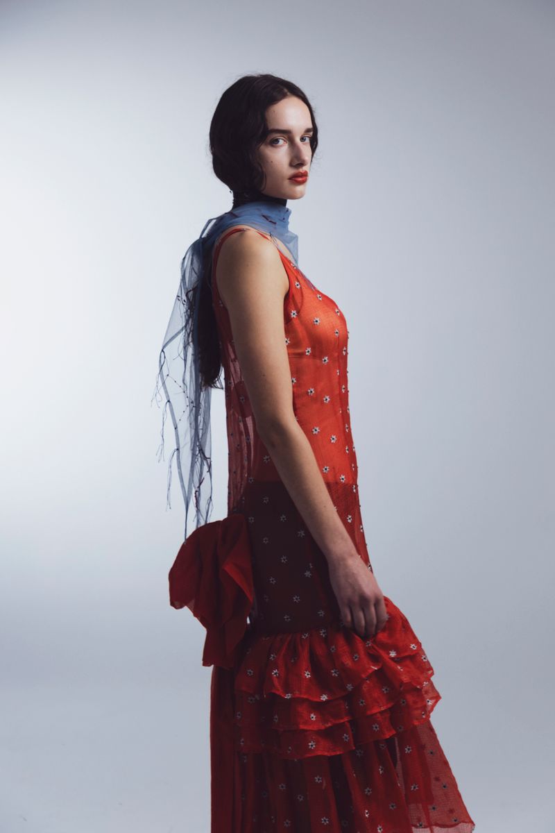 SILK KOTA BUSTLE DRESS, APPLE RED