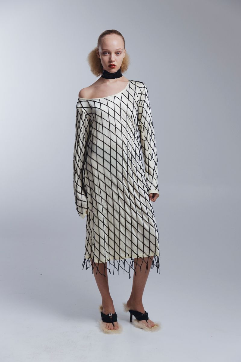 OFF-THE-SHOULDER BEADED NET DRESS, PALE YELLOW with BLACK