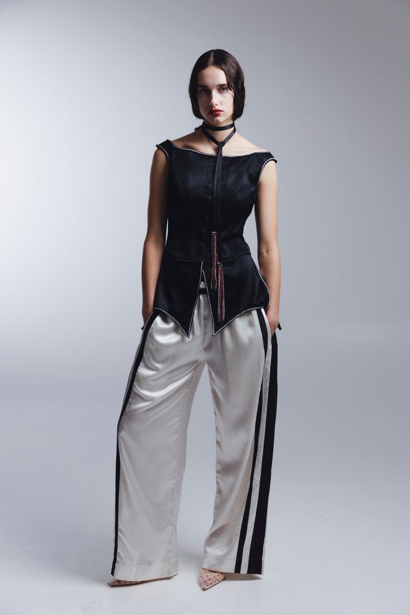 SILK STRUCTURED TOP with ROSETTES + BEADED NECK TIE, BLACK