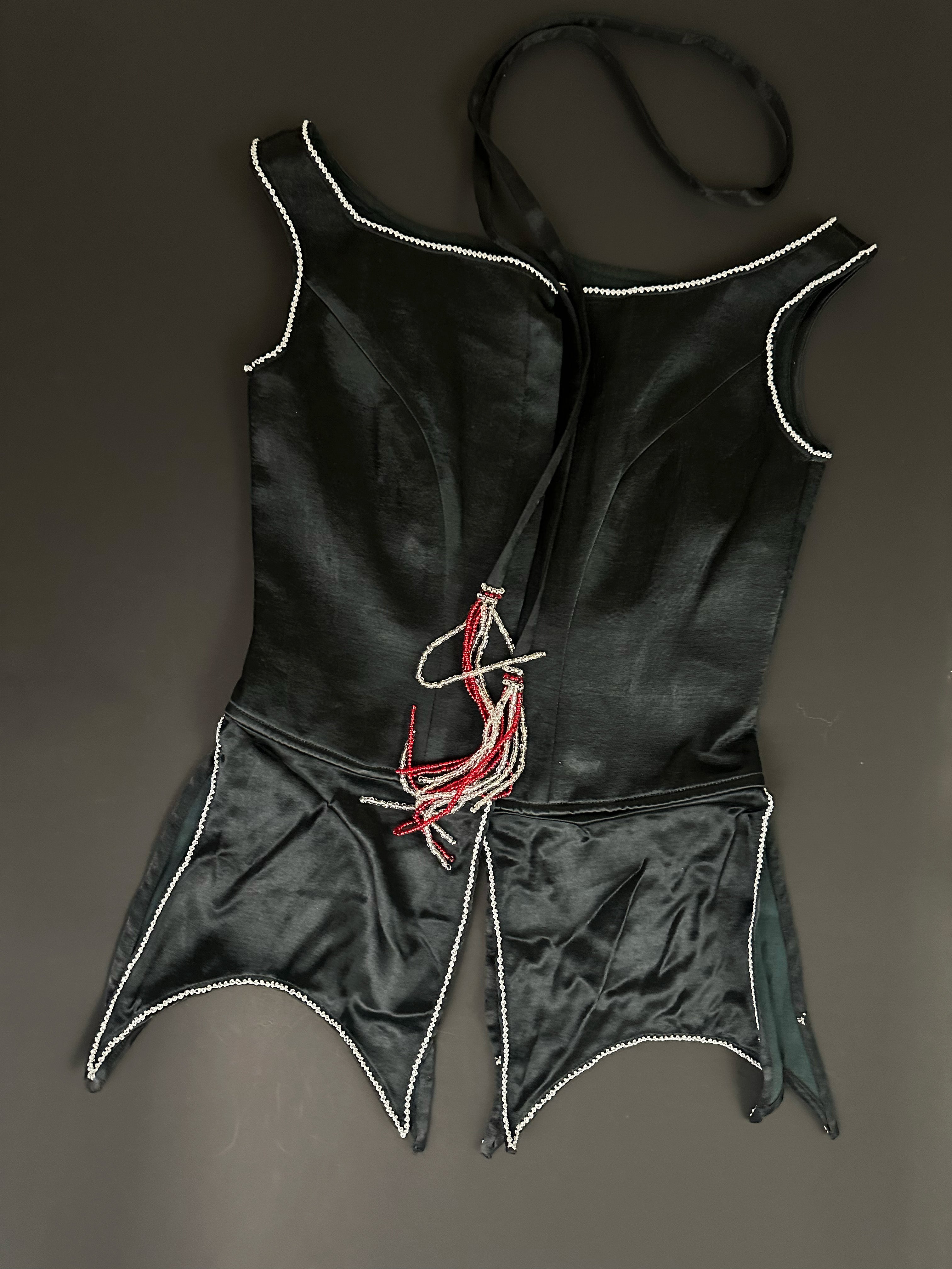 SILK STRUCTURED TOP with ROSETTES + BEADED NECK TIE, BLACK